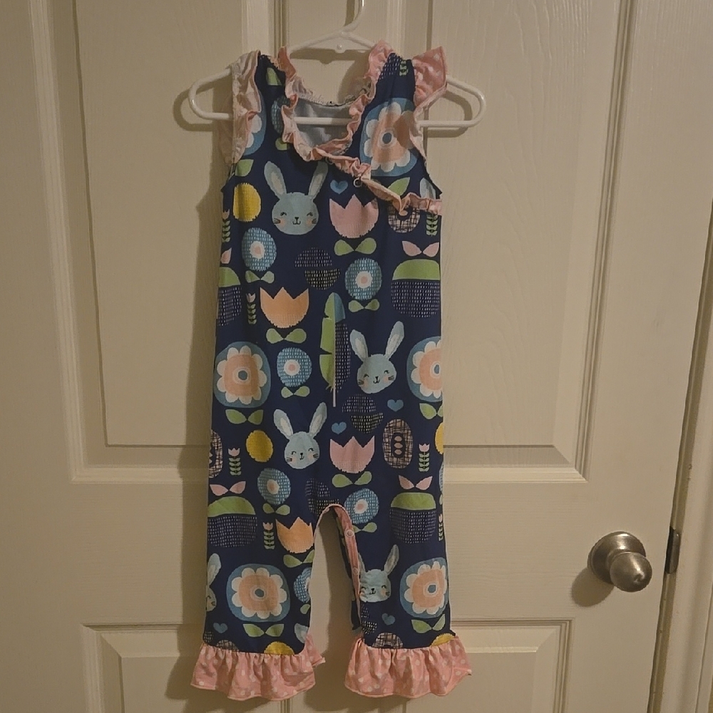 Kids Floral and Bunny Print Jumpsuit - Blue and Pink 24 months